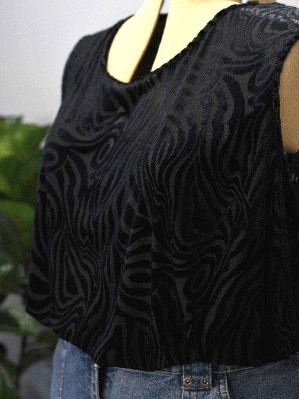 Vintage Black Velvet & Sheer Zebra Striped Sleeveless Top - Women's Size XXL